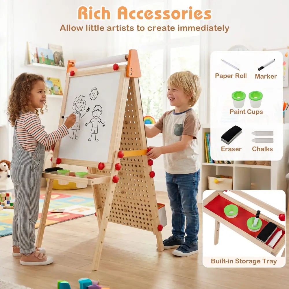 4-in-1 Wooden Kids Art Easel Double-Sided Foldable with Paper Roll and Storage Tray - Natural - Art Easels