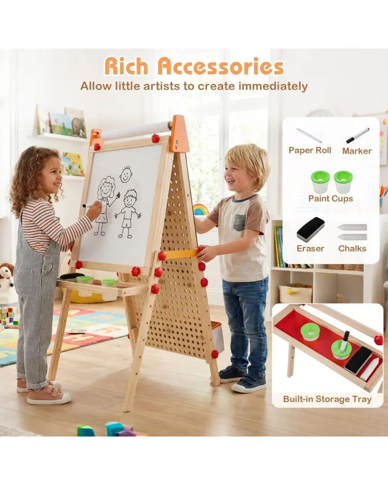4-in-1 Wooden Kids Art Easel Double-Sided Foldable with Paper Roll and Storage Tray - Natural - Art Easels