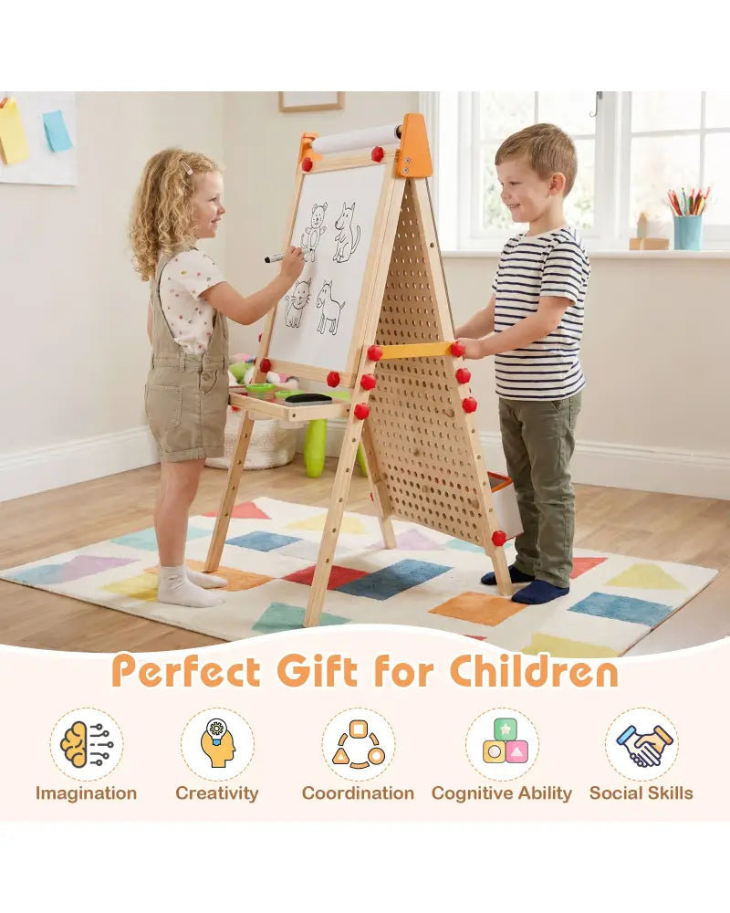 4-in-1 Wooden Kids Art Easel Double-Sided Foldable with Paper Roll and Storage Tray - Natural - Art Easels
