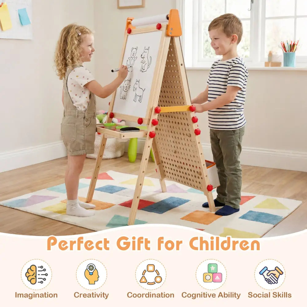 4-in-1 Wooden Kids Art Easel Double-Sided Foldable with Paper Roll and Storage Tray - Natural - Art Easels