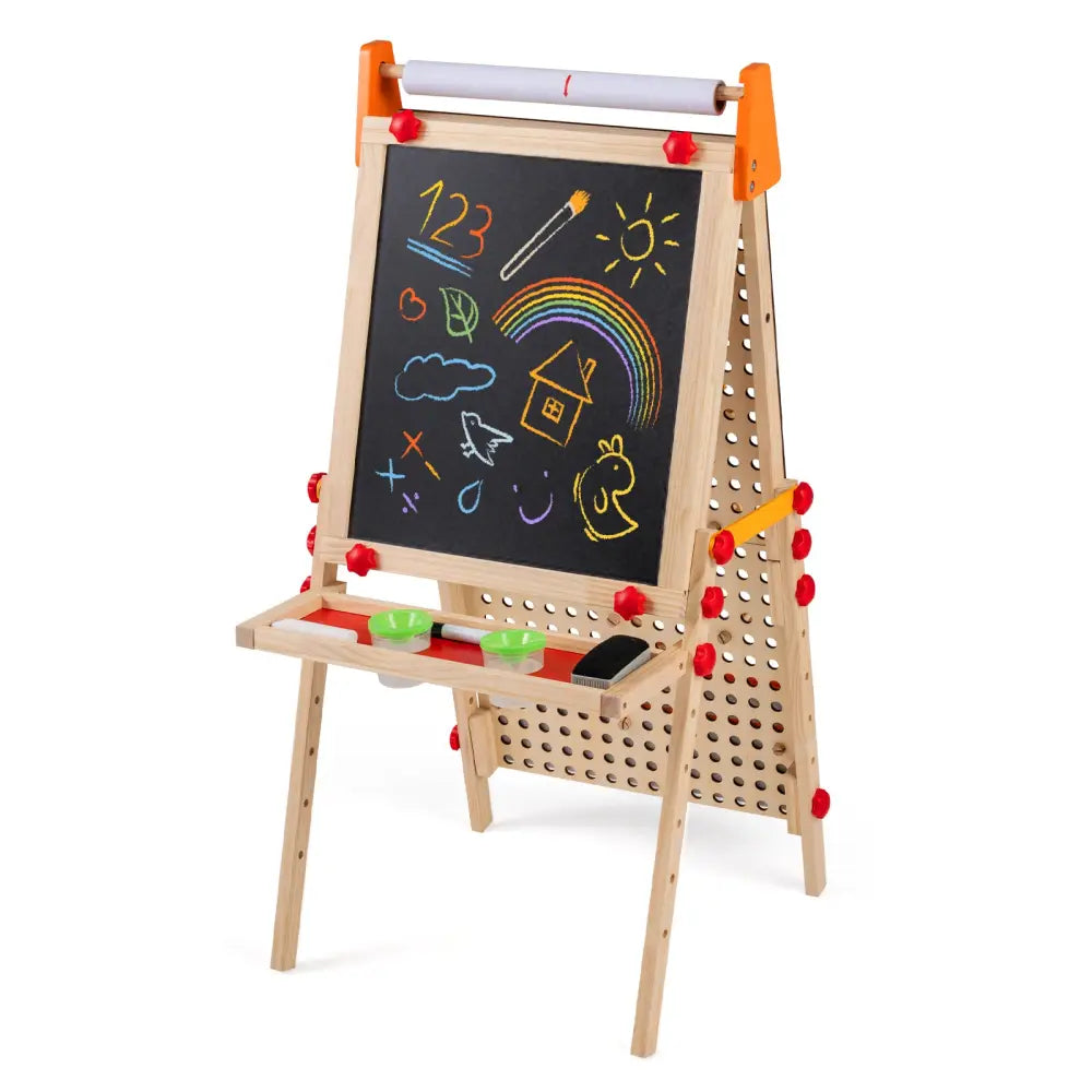 4-in-1 Wooden Kids Art Easel Double-Sided Foldable with Paper Roll and Storage Tray - Natural - Art Easels