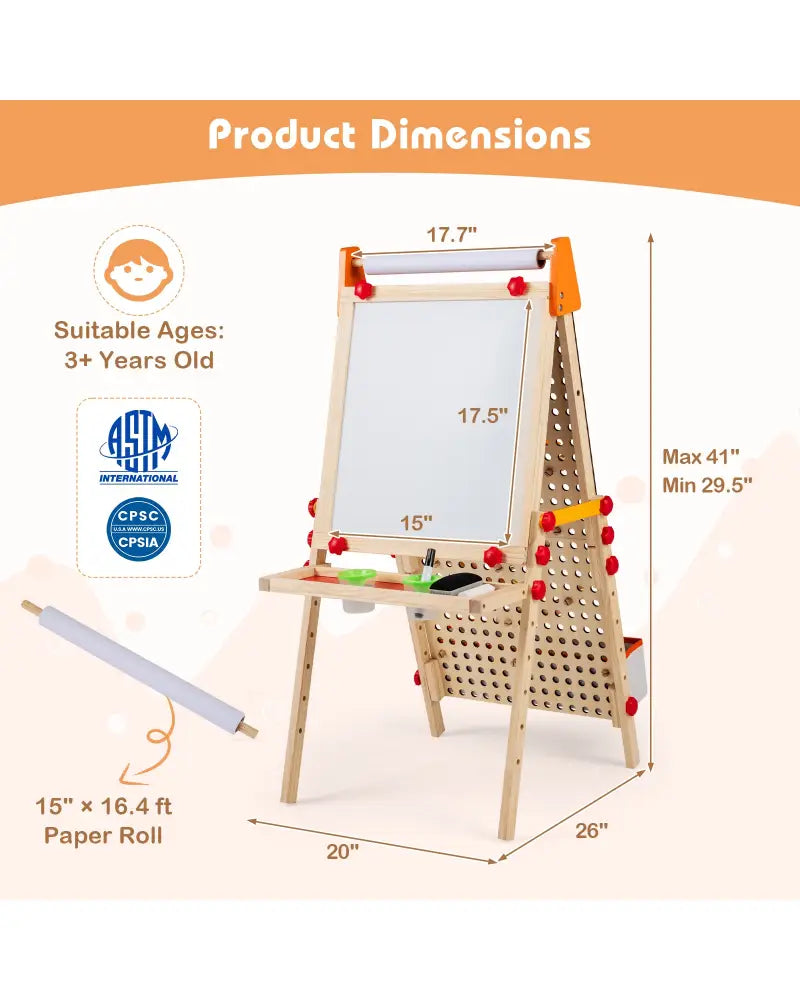 4-in-1 Wooden Kids Art Easel Double-Sided Foldable with Paper Roll and Storage Tray - Natural - Art Easels