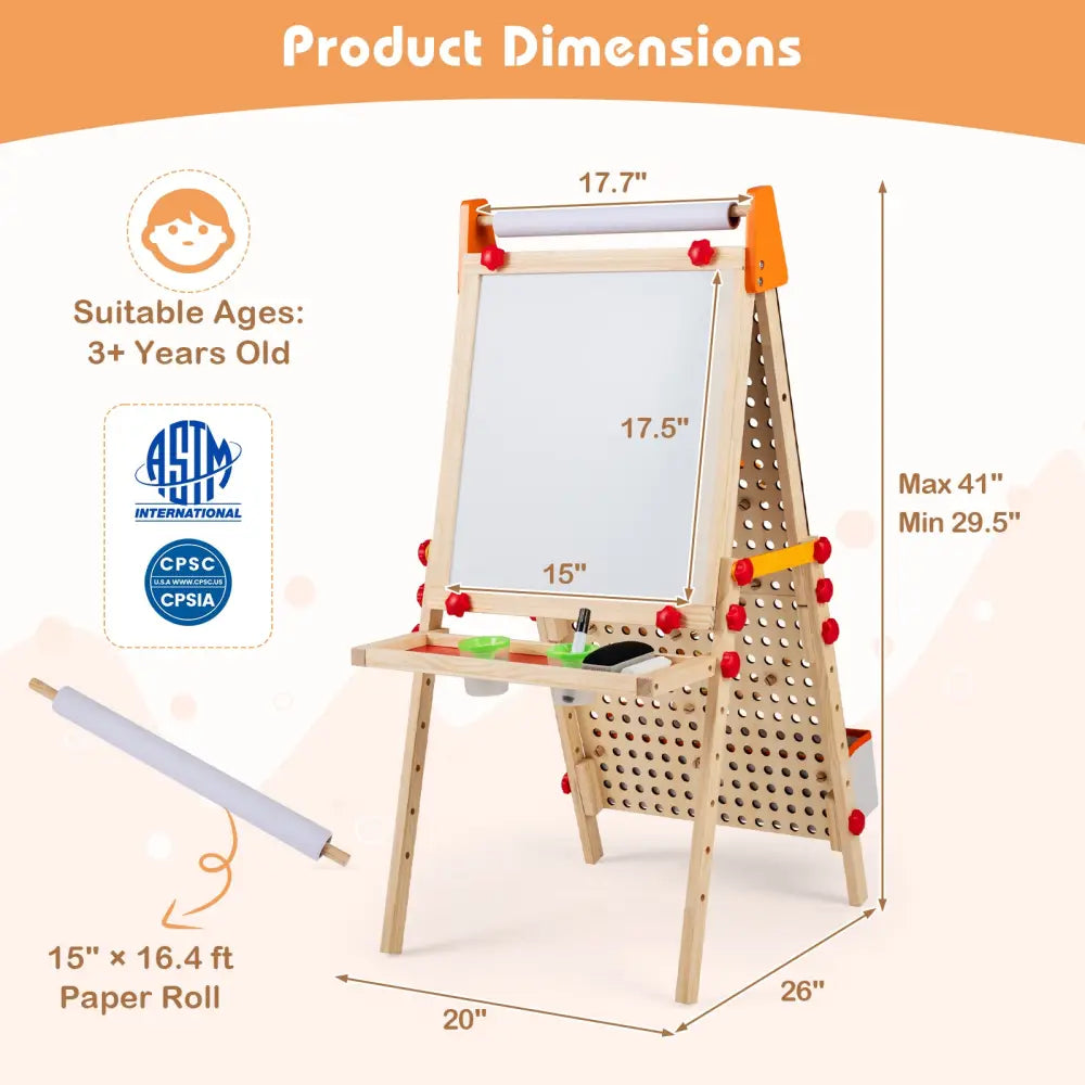 4-in-1 Wooden Kids Art Easel Double-Sided Foldable with Paper Roll and Storage Tray - Natural - Art Easels