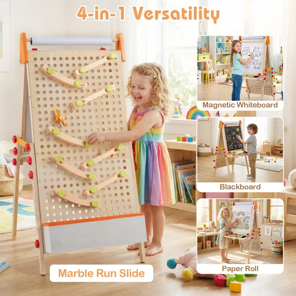 4-in-1 Wooden Kids Art Easel Double-Sided Foldable with Paper Roll and Storage Tray - Natural - Art Easels