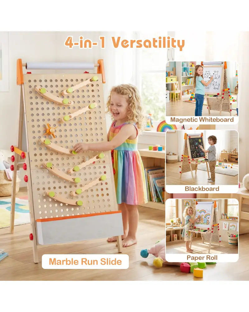 4-in-1 Wooden Kids Art Easel Double-Sided Foldable with Paper Roll and Storage Tray - Natural - Art Easels