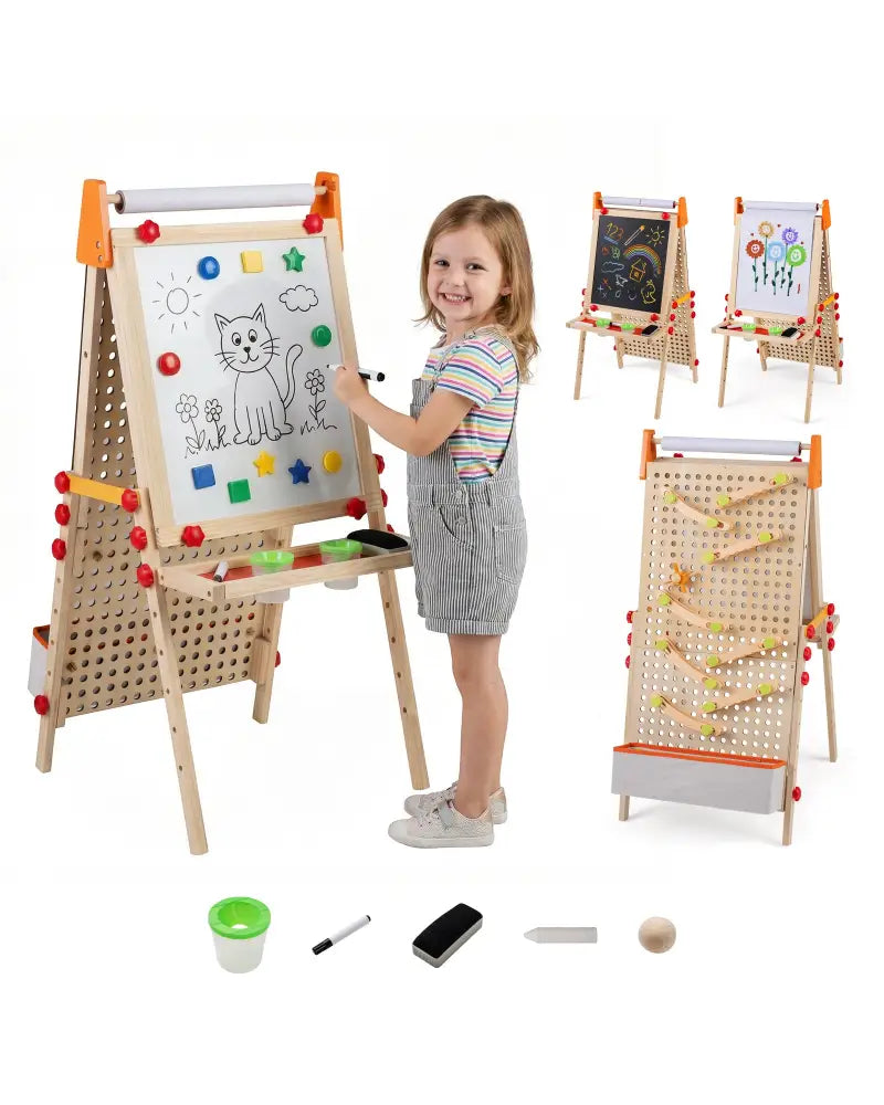 4-in-1 Wooden Kids Art Easel Double-Sided Foldable with Paper Roll and Storage Tray - Natural - Art Easels