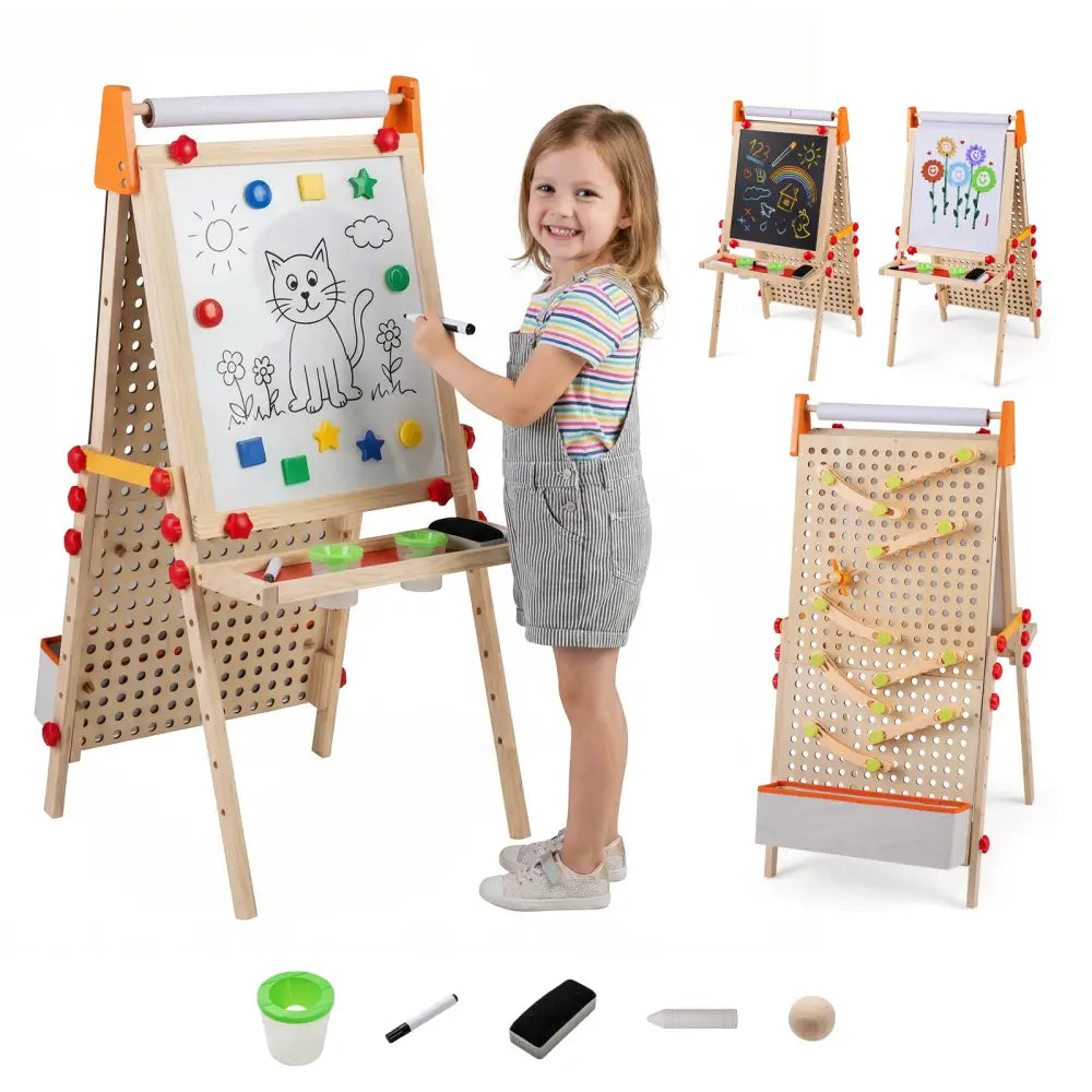 4-in-1 Wooden Kids Art Easel Double-Sided Foldable with Paper Roll and Storage Tray - Natural - Art Easels
