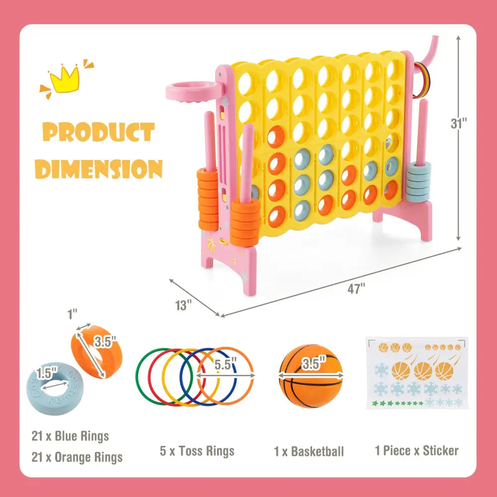 4-in-a-Row Connect Game with Basketball Hoop and Toss Ring-Pink - Pink - Lawn Games
