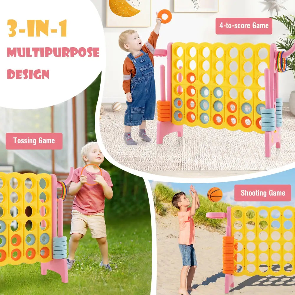 4-in-a-Row Connect Game with Basketball Hoop and Toss Ring-Pink - Pink - Lawn Games