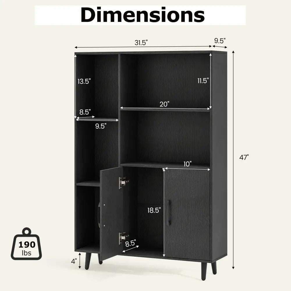 4 Inch Floor Bookshelf with 5 Open Compartments and Storage Cabinet-Black - Black - Bookcases