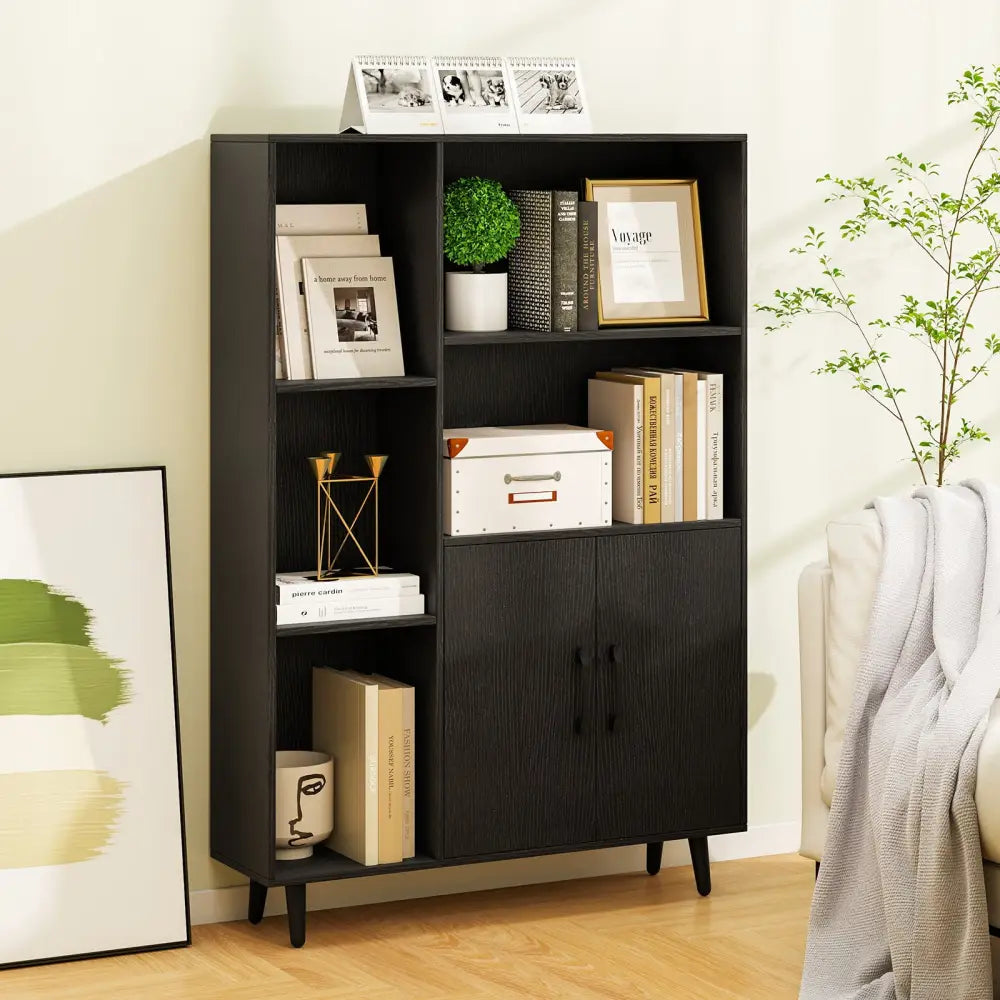 4 Inch Floor Bookshelf with 5 Open Compartments and Storage Cabinet-Black - Black - Bookcases