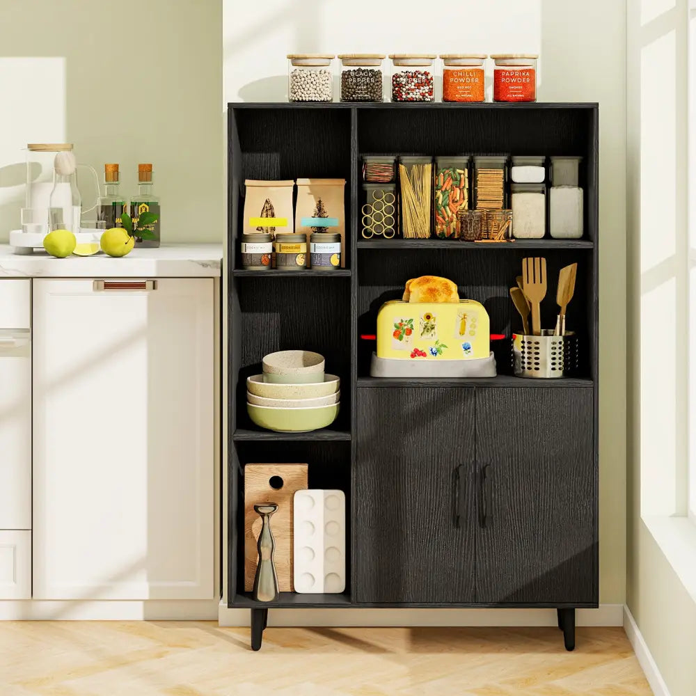 4 Inch Floor Bookshelf with 5 Open Compartments and Storage Cabinet-Black - Black - Bookcases