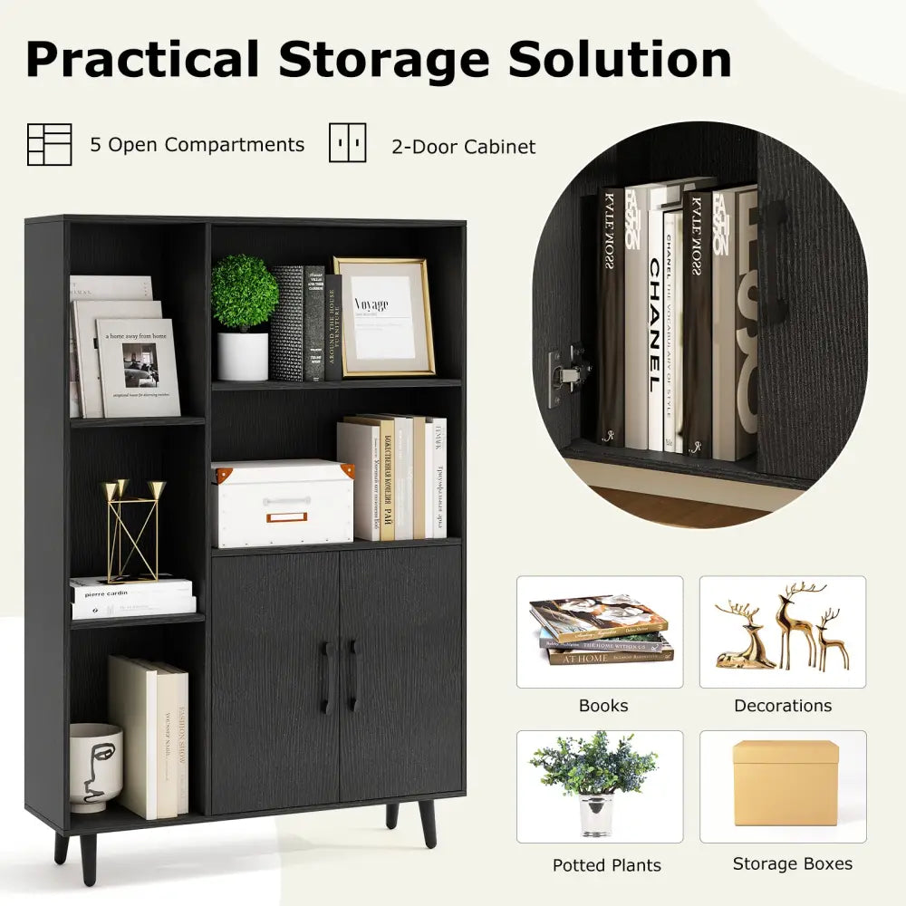 4 Inch Floor Bookshelf with 5 Open Compartments and Storage Cabinet-Black - Black - Bookcases
