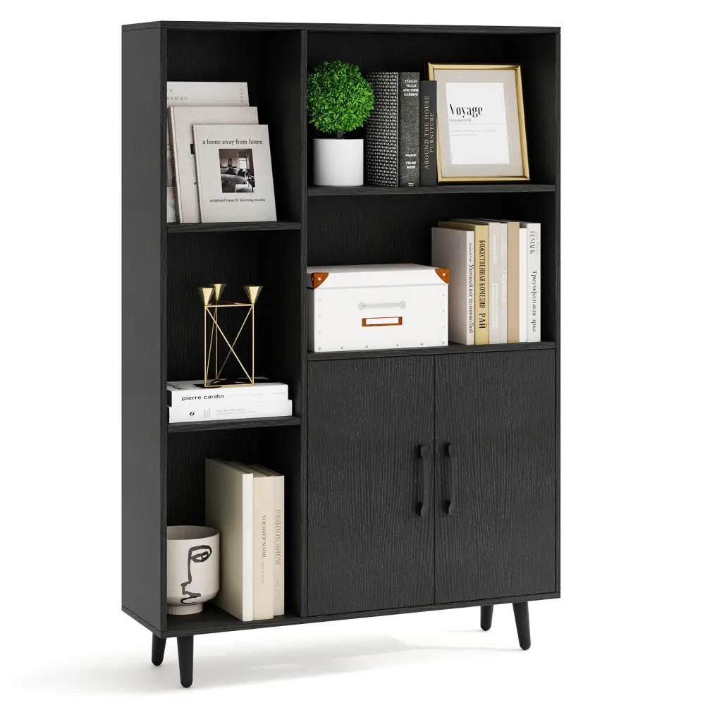 4 Inch Floor Bookshelf with 5 Open Compartments and Storage Cabinet-Black - Black - Bookcases