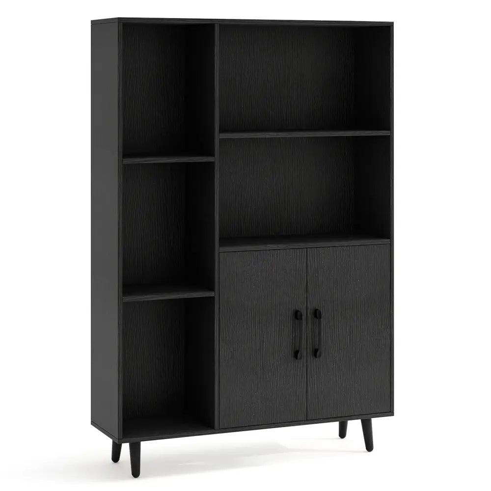 4 Inch Floor Bookshelf with 5 Open Compartments and Storage Cabinet-Black - Black - Bookcases