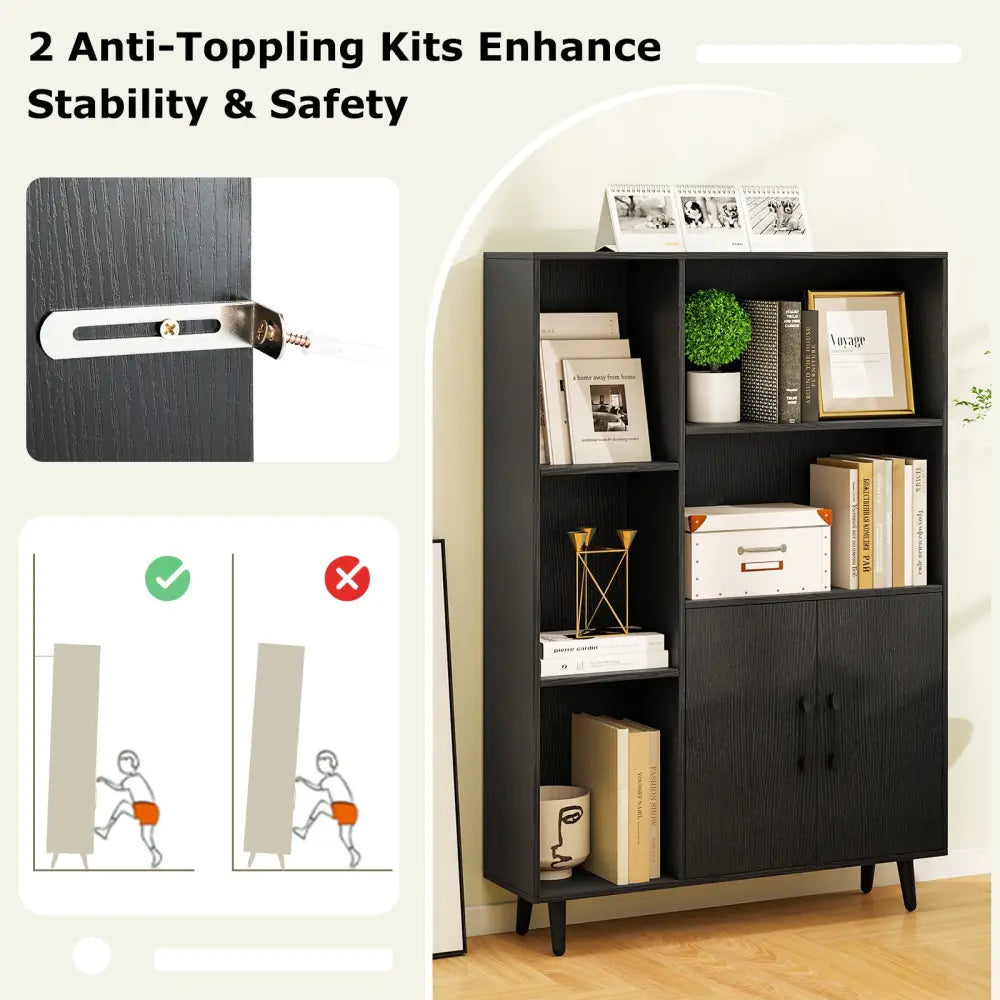 4 Inch Floor Bookshelf with 5 Open Compartments and Storage Cabinet-Black - Black - Bookcases