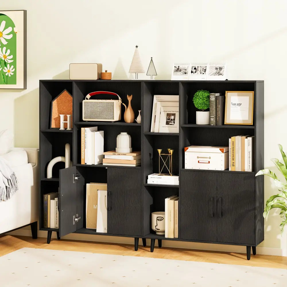 4 Inch Floor Bookshelf with 5 Open Compartments and Storage Cabinet-Black - Black - Bookcases