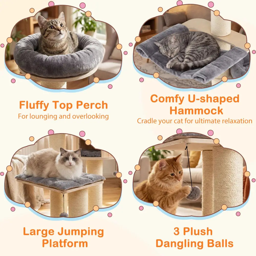 4-Layer 68.5-Inch Wooden Cat Tree Condo Activity Tower with Sisal Posts-Gray - Gray - Cat Trees Condos & Scratchers