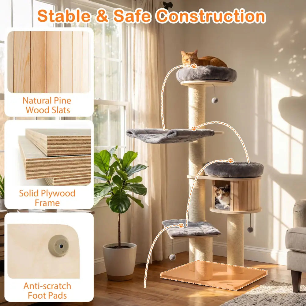 4-Layer 68.5-Inch Wooden Cat Tree Condo Activity Tower with Sisal Posts-Gray - Gray - Cat Trees Condos & Scratchers