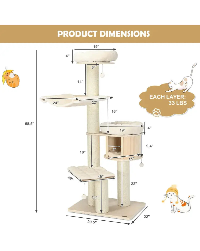 4-Layer 68.5-Inch Wooden Cat Tree Condo Activity Tower with Sisal Posts-Natural - Natural - Cat Trees Condos &