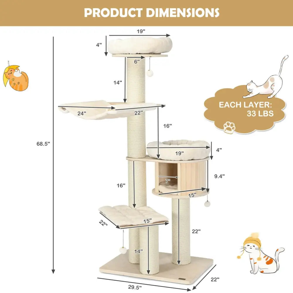4-Layer 68.5-Inch Wooden Cat Tree Condo Activity Tower with Sisal Posts-Natural - Natural - Cat Trees Condos &