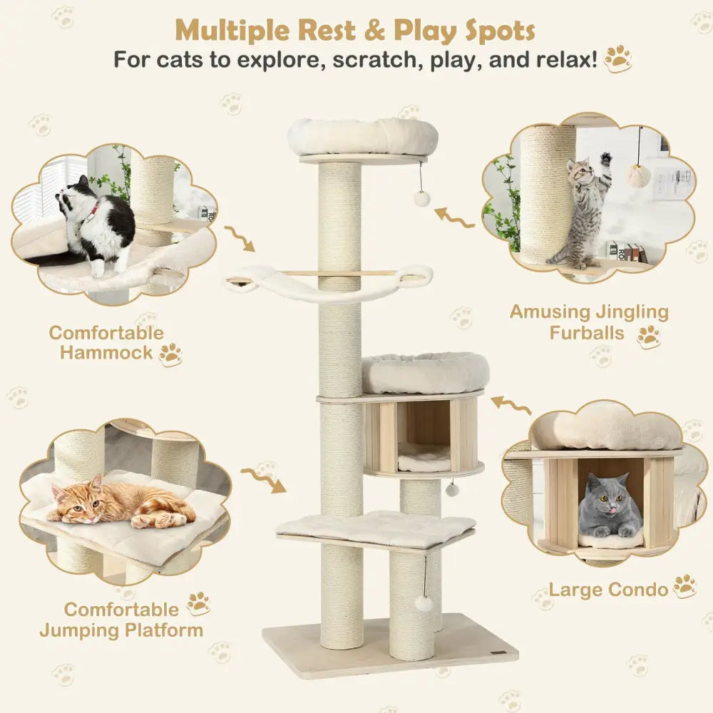 4-Layer 68.5-Inch Wooden Cat Tree Condo Activity Tower with Sisal Posts-Natural - Natural - Cat Trees Condos &