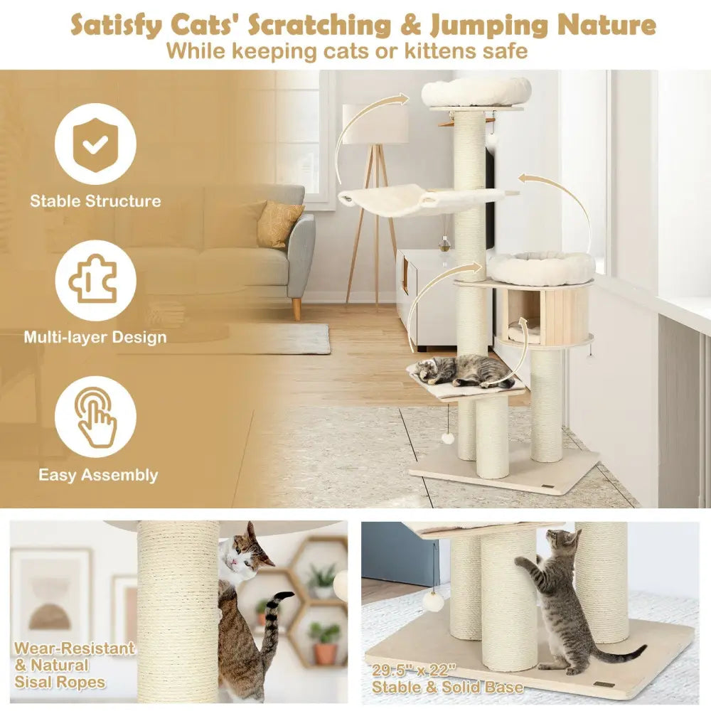 4-Layer 68.5-Inch Wooden Cat Tree Condo Activity Tower with Sisal Posts-Natural - Natural - Cat Trees Condos &