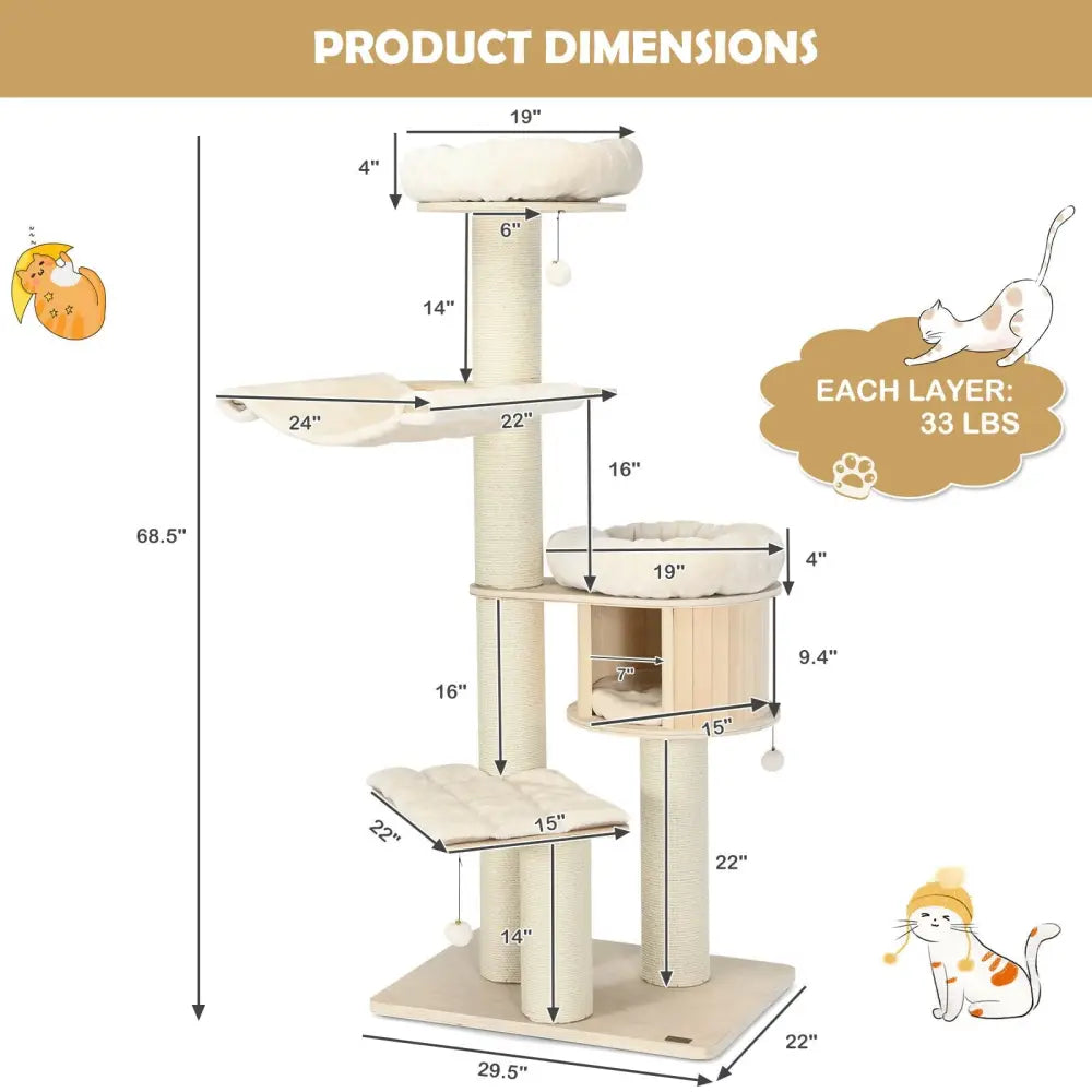 4-Layer 68.5-Inch Wooden Cat Tree Condo Activity Tower with Sisal Posts-Natural - Natural - Cat Trees Condos &