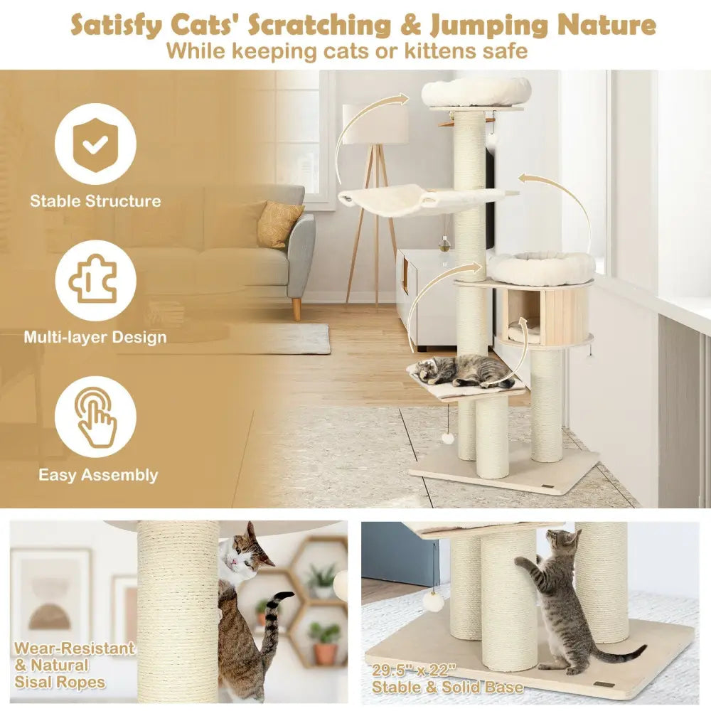 4-Layer 68.5-Inch Wooden Cat Tree Condo Activity Tower with Sisal Posts-Natural - Natural - Cat Trees Condos &