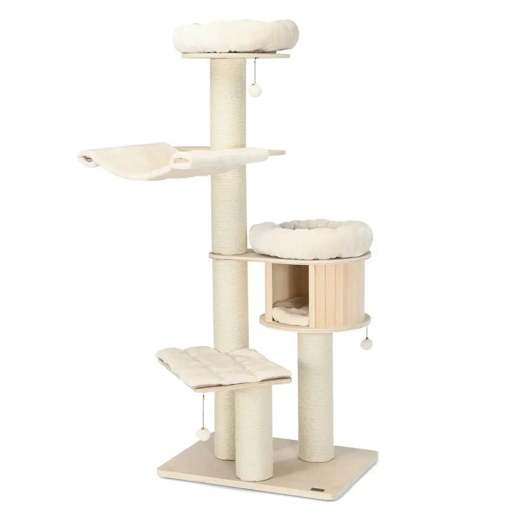 4-Layer 68.5-Inch Wooden Cat Tree Condo Activity Tower with Sisal Posts-Natural - Natural - Cat Trees Condos &