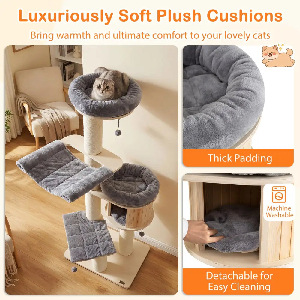 4-Layer 68.5-Inch Wooden Cat Tree Condo Activity Tower with Sisal Posts-Gray - Gray - Cat Trees Condos & Scratchers
