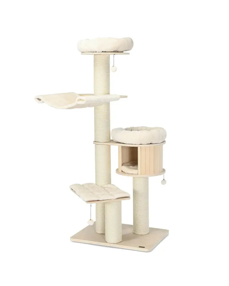 4-Layer 68.5-Inch Wooden Cat Tree Condo Activity Tower with Sisal Posts-Natural - Natural - Cat Trees Condos &