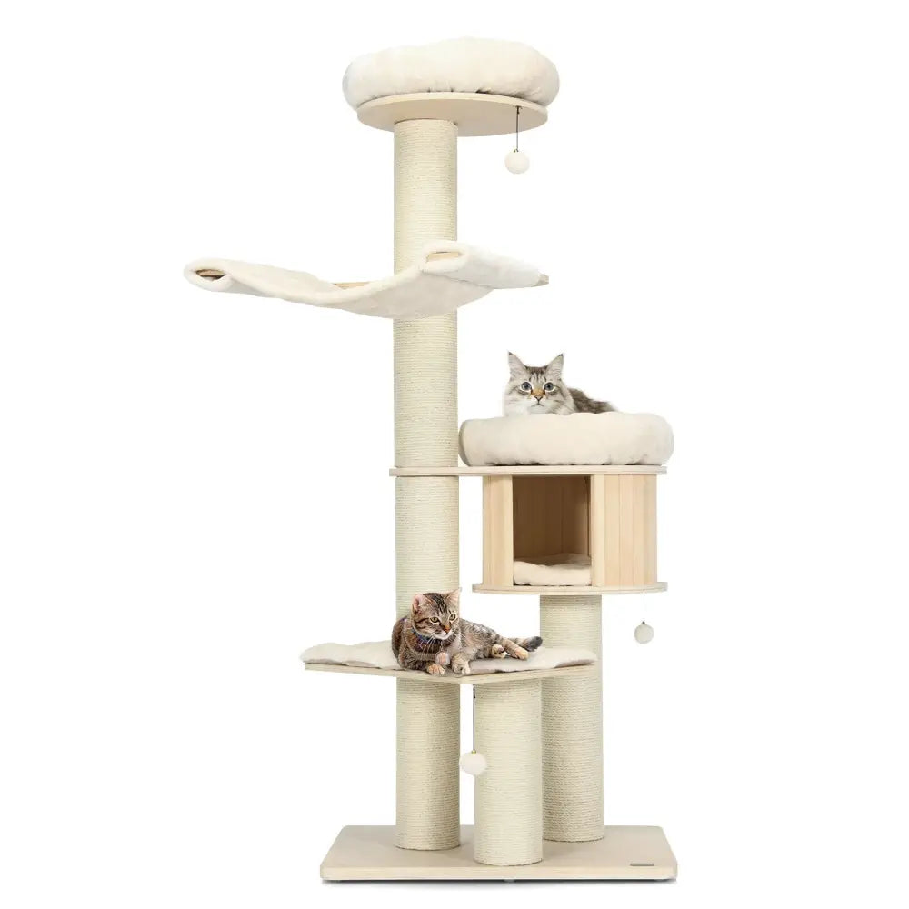 4-Layer 68.5-Inch Wooden Cat Tree Condo Activity Tower with Sisal Posts-Natural - Natural - Cat Trees Condos &