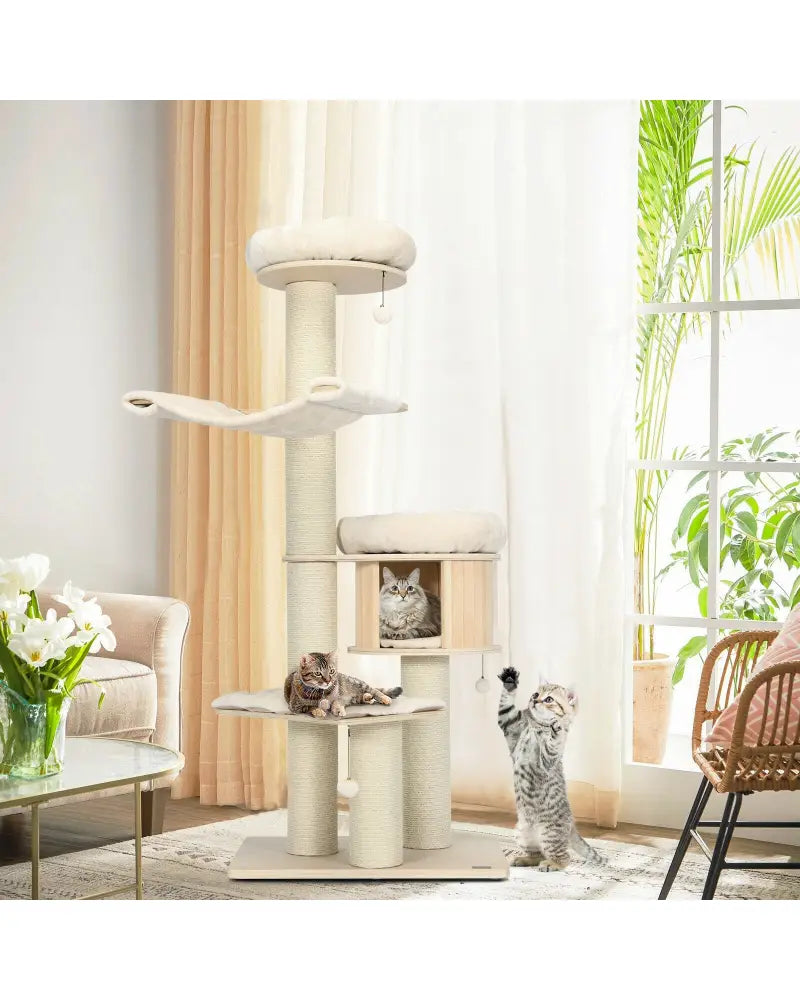 4-Layer 68.5-Inch Wooden Cat Tree Condo Activity Tower with Sisal Posts-Natural - Natural - Cat Trees Condos &