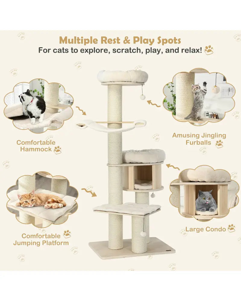 4-Layer 68.5-Inch Wooden Cat Tree Condo Activity Tower with Sisal Posts-Natural - Natural - Cat Trees Condos &