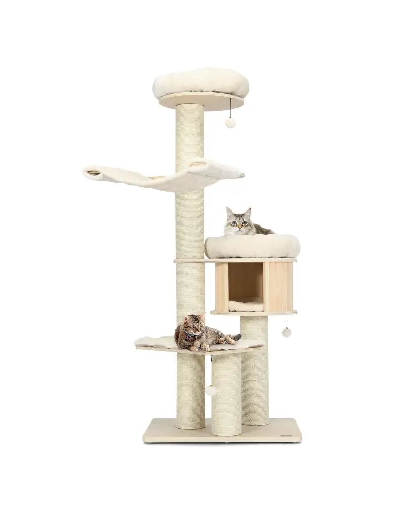 4-Layer 68.5-Inch Wooden Cat Tree Condo Activity Tower with Sisal Posts-Natural - Natural - Cat Trees Condos &
