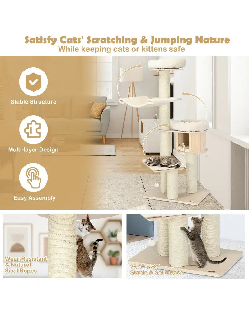 4-Layer 68.5-Inch Wooden Cat Tree Condo Activity Tower with Sisal Posts-Natural - Natural - Cat Trees Condos &