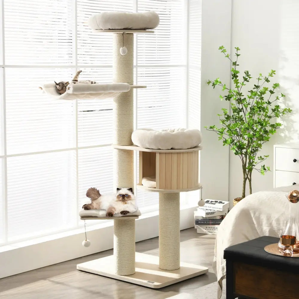 4-Layer 68.5-Inch Wooden Cat Tree Condo Activity Tower with Sisal Posts-Natural - Natural - Cat Trees Condos &