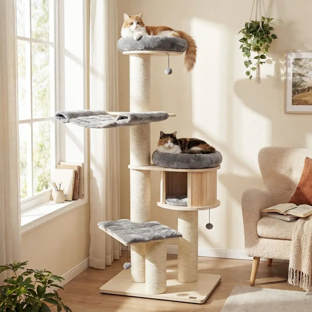 4-Layer 68.5-Inch Wooden Cat Tree Condo Activity Tower with Sisal Posts-Gray - Gray - Cat Trees Condos & Scratchers