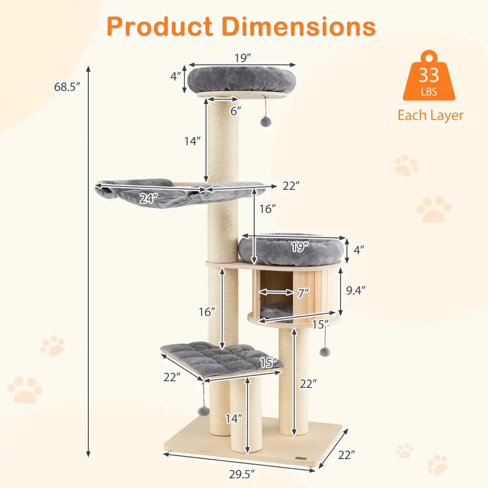 4-Layer 68.5-Inch Wooden Cat Tree Condo Activity Tower with Sisal Posts-Gray - Gray - Cat Trees Condos & Scratchers