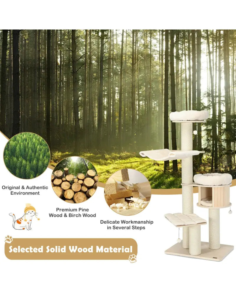 4-Layer 68.5-Inch Wooden Cat Tree Condo Activity Tower with Sisal Posts-Natural - Natural - Cat Trees Condos &