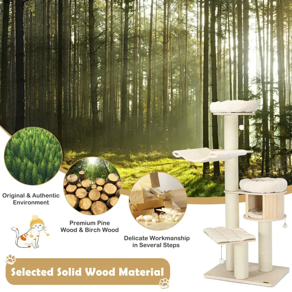 4-Layer 68.5-Inch Wooden Cat Tree Condo Activity Tower with Sisal Posts-Natural - Natural - Cat Trees Condos &