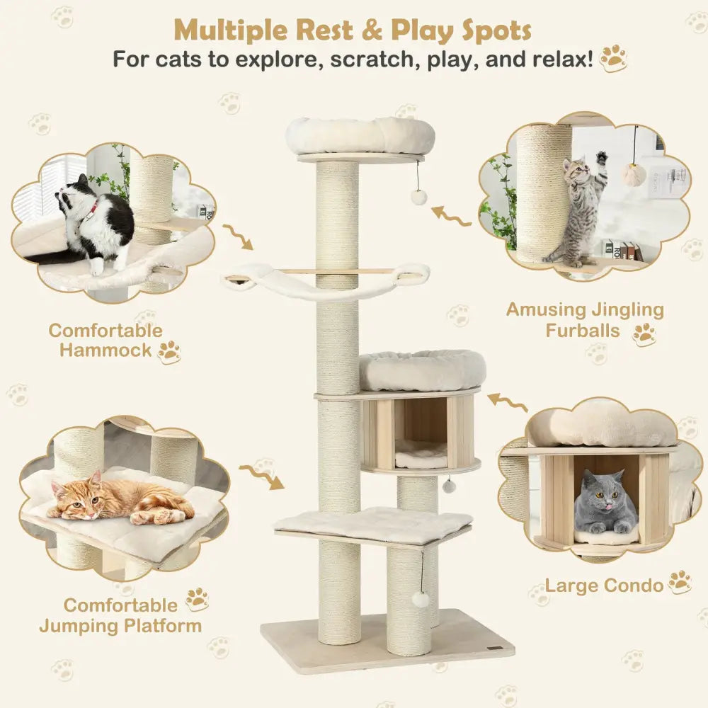 4-Layer 68.5-Inch Wooden Cat Tree Condo Activity Tower with Sisal Posts-Natural - Natural - Cat Trees Condos &