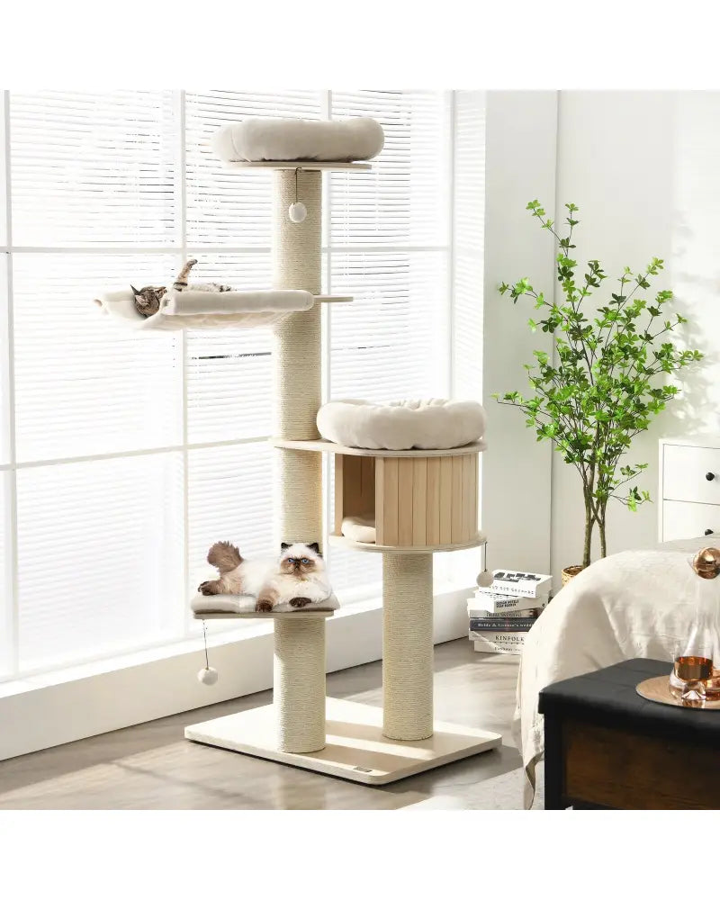 4-Layer 68.5-Inch Wooden Cat Tree Condo Activity Tower with Sisal Posts-Natural - Natural - Cat Trees Condos &