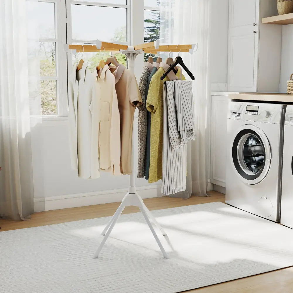 4 Legs Foldable Clothes Drying Rack with 8 Bamboo Hanging Rods and 40 Hanger Slots - Drying Racks