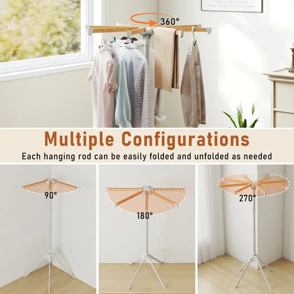 4 Legs Foldable Clothes Drying Rack with 8 Bamboo Hanging Rods and 40 Hanger Slots - Drying Racks