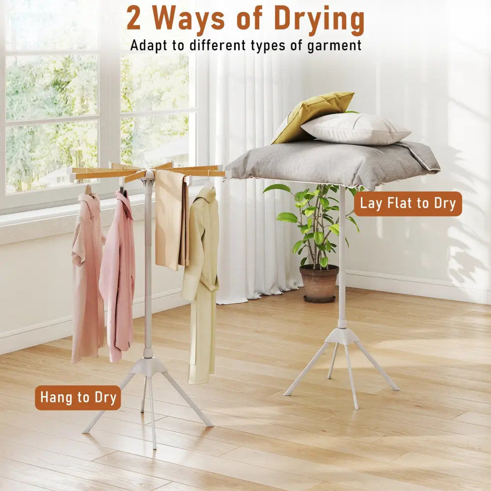 4 Legs Foldable Clothes Drying Rack with 8 Bamboo Hanging Rods and 40 Hanger Slots - Drying Racks