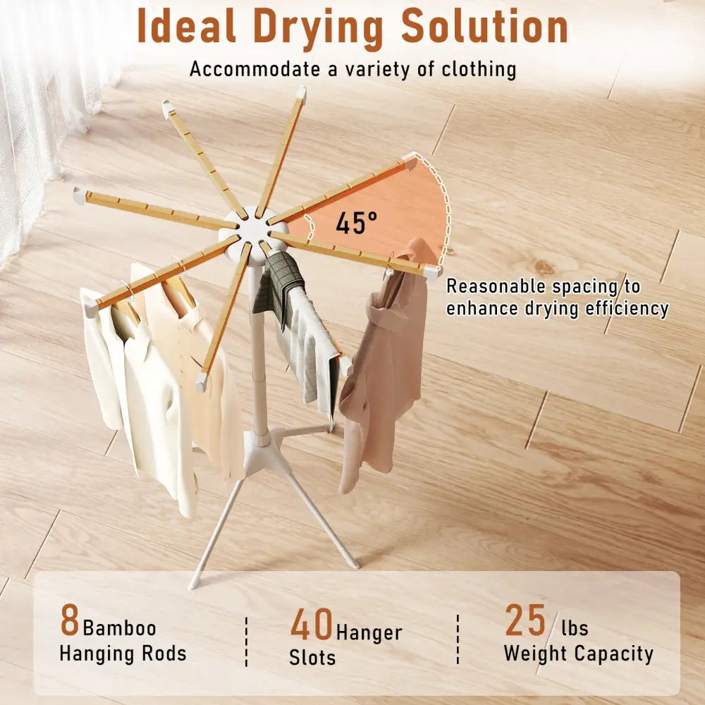 4 Legs Foldable Clothes Drying Rack with 8 Bamboo Hanging Rods and 40 Hanger Slots - Drying Racks