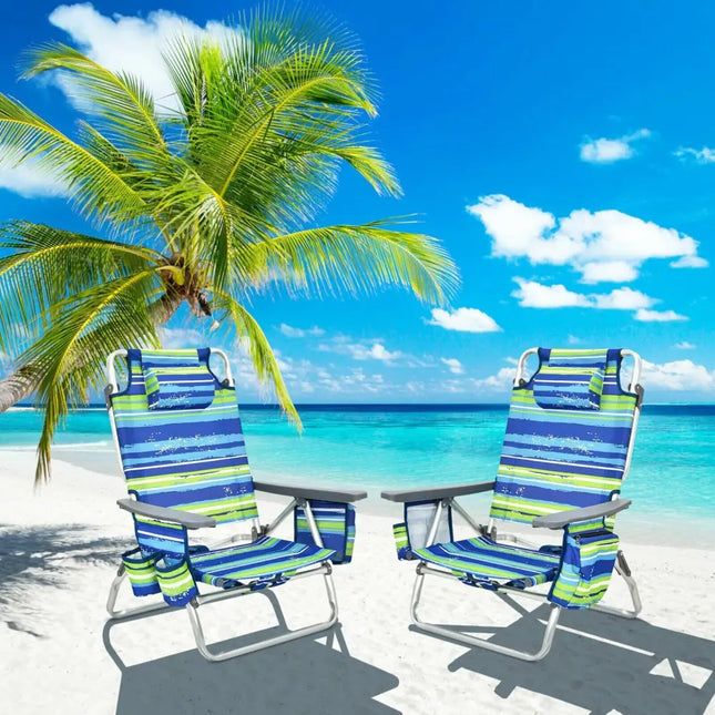4-Pack 5-Position Outdoor Folding Backpack Beach Reclining Chair with Pillow-Blue - Blue - Beach & Lawn Chairs