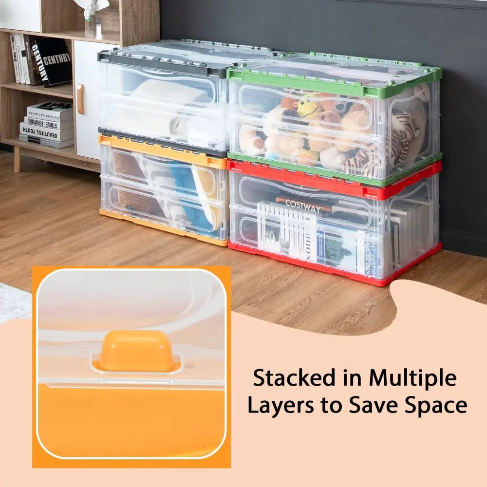 4 Pack Collapsible and Stackable Plastic Storage Bins with Attached Lid-L Costway